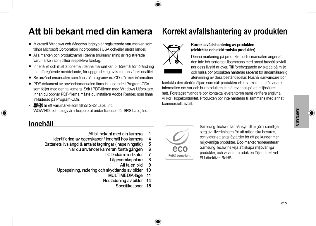 Samsung EC-I100ZGBA/RU manual Att bli bekant med din kamera, Innehåll,  är ett varumärke som tillhör SRS Labs, Inc 