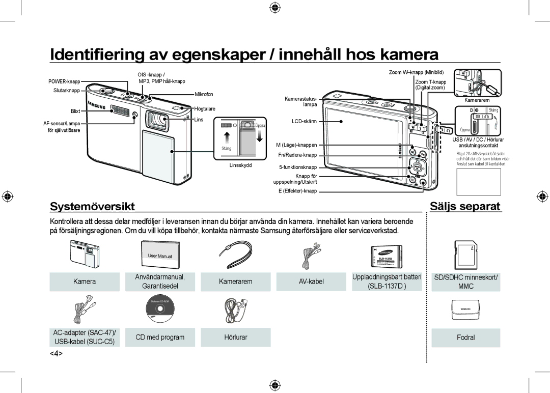 Samsung EC-I100ZGBA/E3 manual Identiﬁering av egenskaper / innehåll hos kamera, Systemöversikt Säljs separat, AV-kabel 