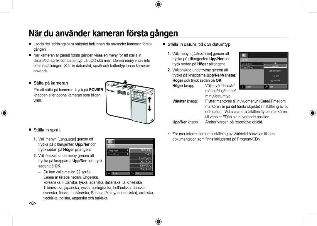 Samsung EC-I100ZGBA/FR, EC-I100ZGBA/E3 manual När du använder kameran första gången,  Sätta på kameran,  Ställa in språk 