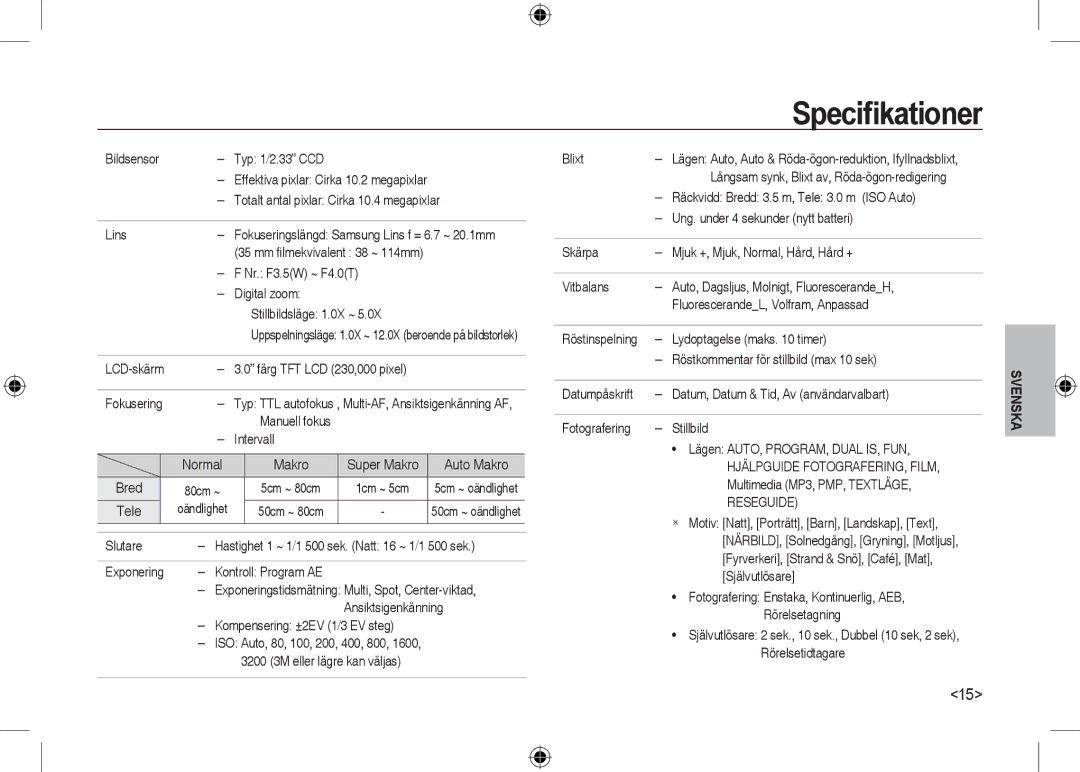 Samsung EC-I100ZABA/IT, EC-I100ZGBA/E3, EC-I100ZSBA/FR, EC-I100ZGBA/FR, EC-I100ZSBA/E3, EC-I100ZRBA/E3 manual Speciﬁkationer 