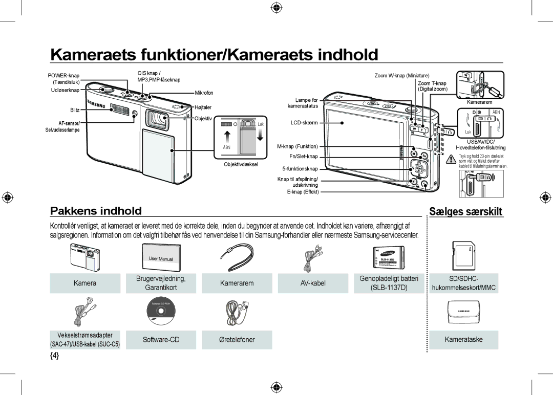 Samsung EC-I100ZSBB/AS, EC-I100ZGBA/E3 manual Kameraets funktioner/Kameraets indhold, Pakkens indhold, Vekselstrømsadapter 