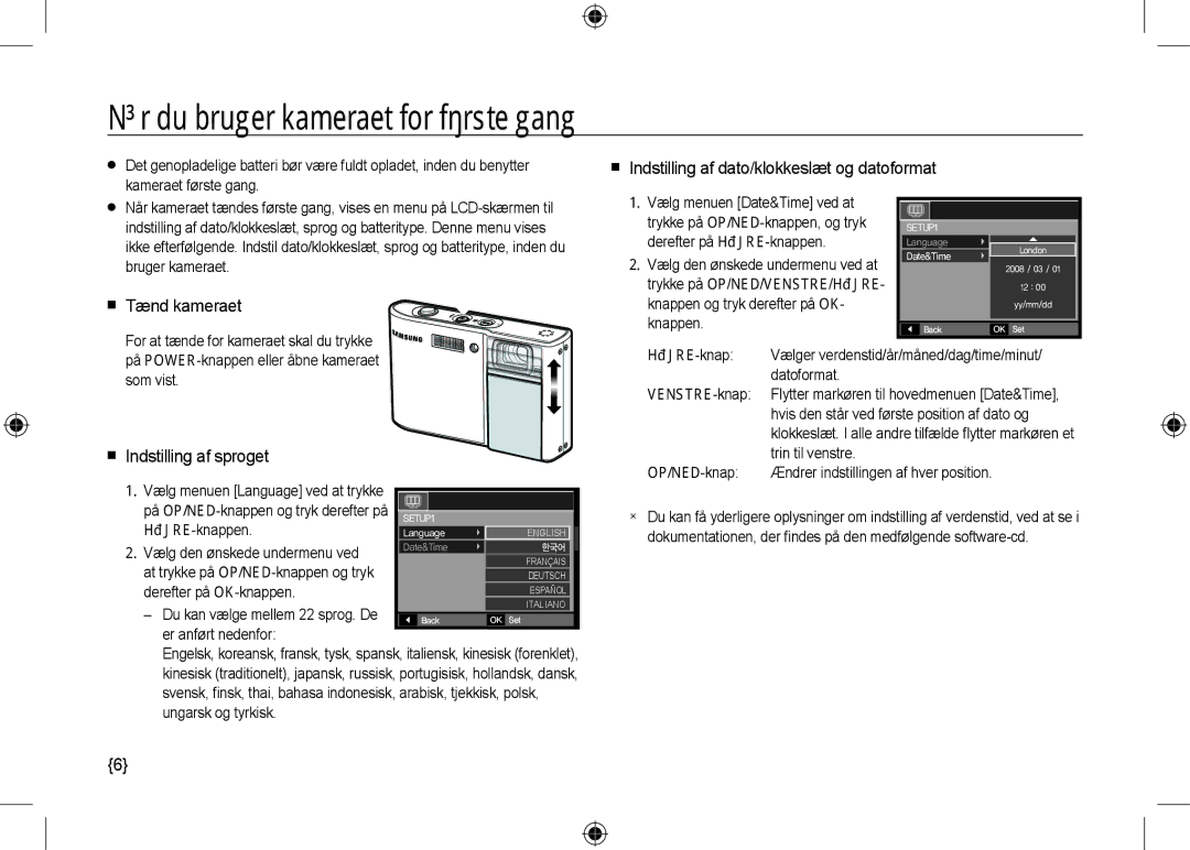 Samsung EC-I100ZGBB/AS manual Når du bruger kameraet for første gang,  Indstilling af dato/klokkeslæt og datoformat 