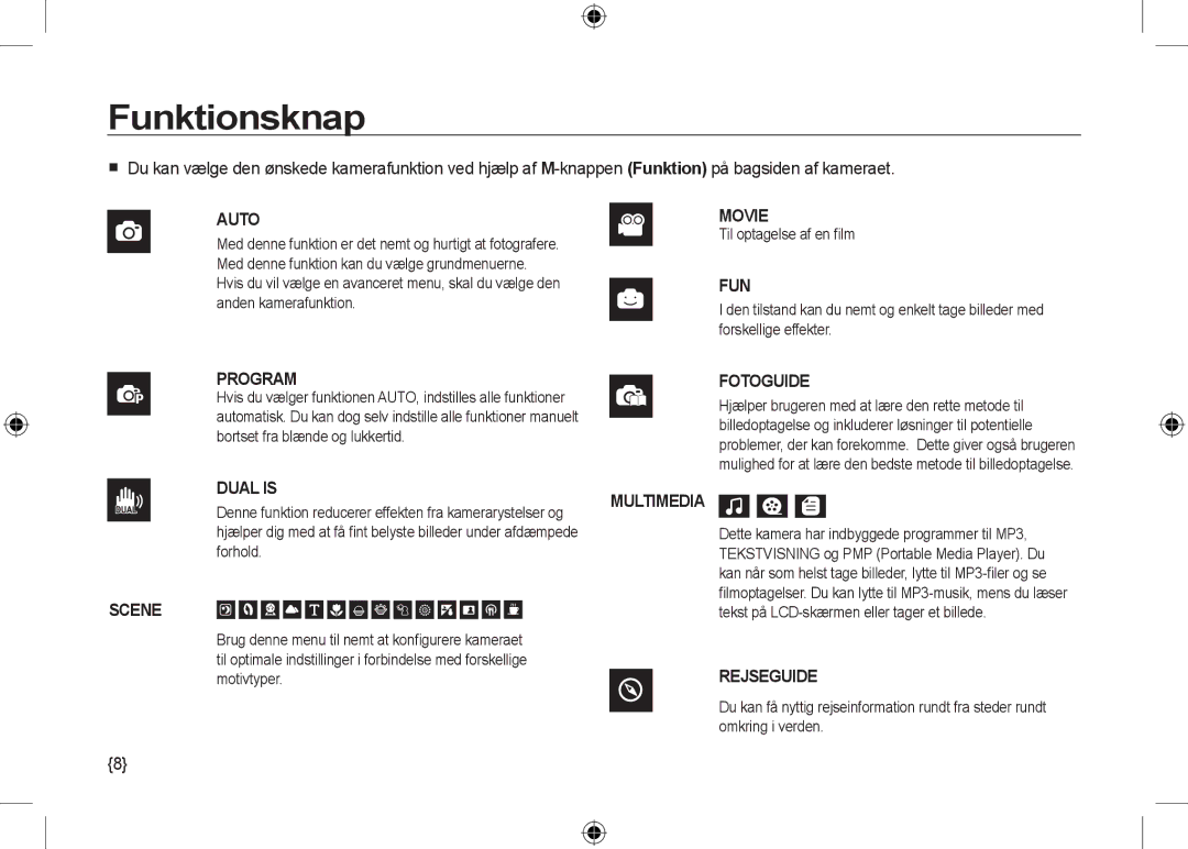 Samsung EC-I100ZSBA/RU, EC-I100ZGBA/E3, EC-I100ZSBA/FR, EC-I100ZGBA/FR manual Funktionsknap, Til optagelse af en ﬁlm, Forhold 