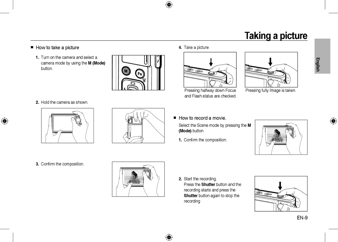 Samsung EC-I100ZGBA/IT, EC-I100ZGBA/E3 manual Taking a picture,  How to take a picture,  How to record a movie, EN-9 