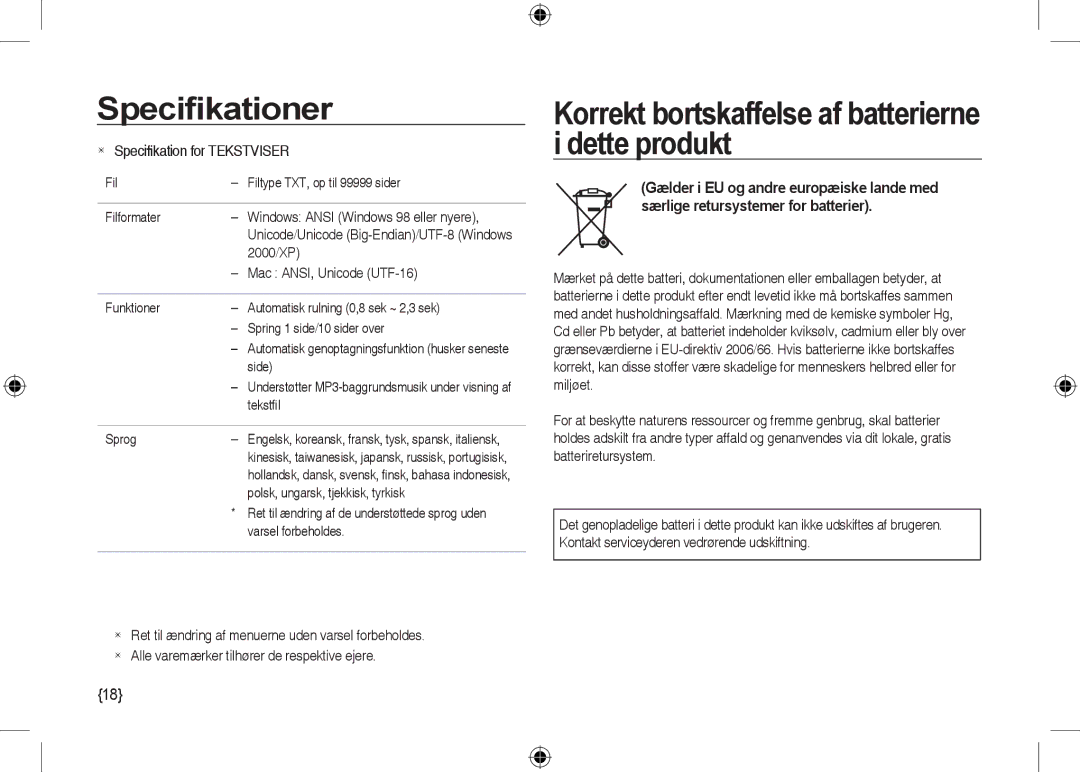 Samsung EC-I100ZGBA/FR, EC-I100ZGBA/E3 manual Korrekt bortskaffelse af batterierne i dette produkt, Side, Tekstﬁl, Sprog 