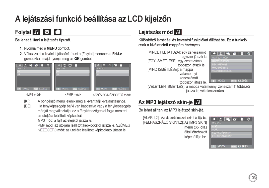 Samsung EC-I100ZBBA/FR, EC-I100ZGBA/E3 manual Folytat, Az MP3 lejátszó skin-je, Be lehet állítani a lejátszás típusát 