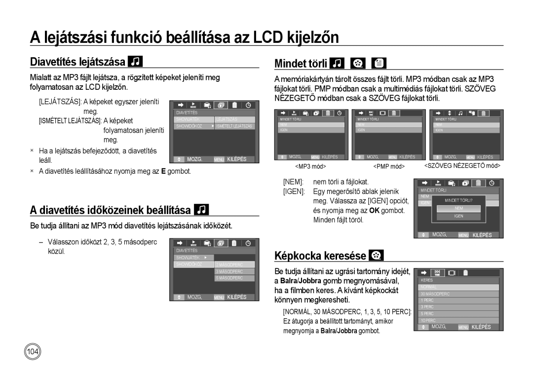 Samsung EC-I100ZBBA/E3 manual Diavetítés lejátszása, Mindet törli, Diavetítés időközeinek beállítása, Képkocka keresése 