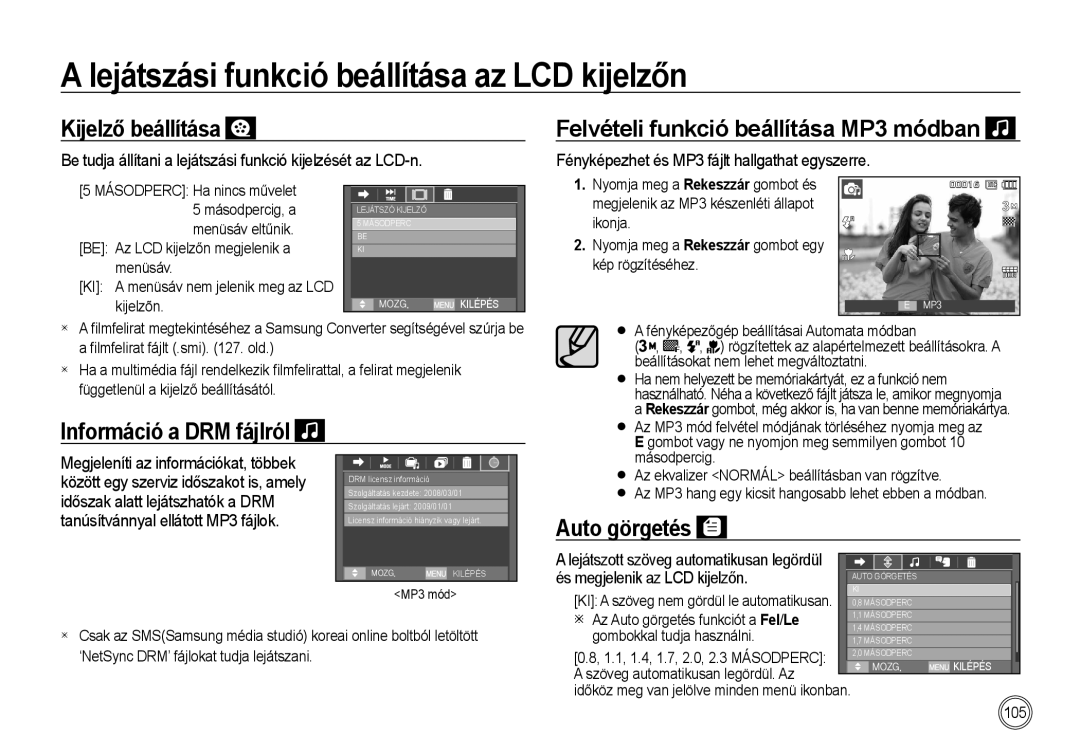 Samsung EC-I100ZRBA/FR manual Kijelző beállítása, Felvételi funkció beállítása MP3 módban, Információ a DRM fájlról 