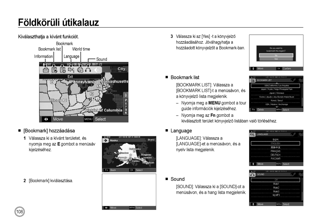 Samsung EC-I100ZABA/E3 manual Kiválaszthatja a kívánt funkciót, Bookmark list, Bookmark hozzáadása, Language, Sound 