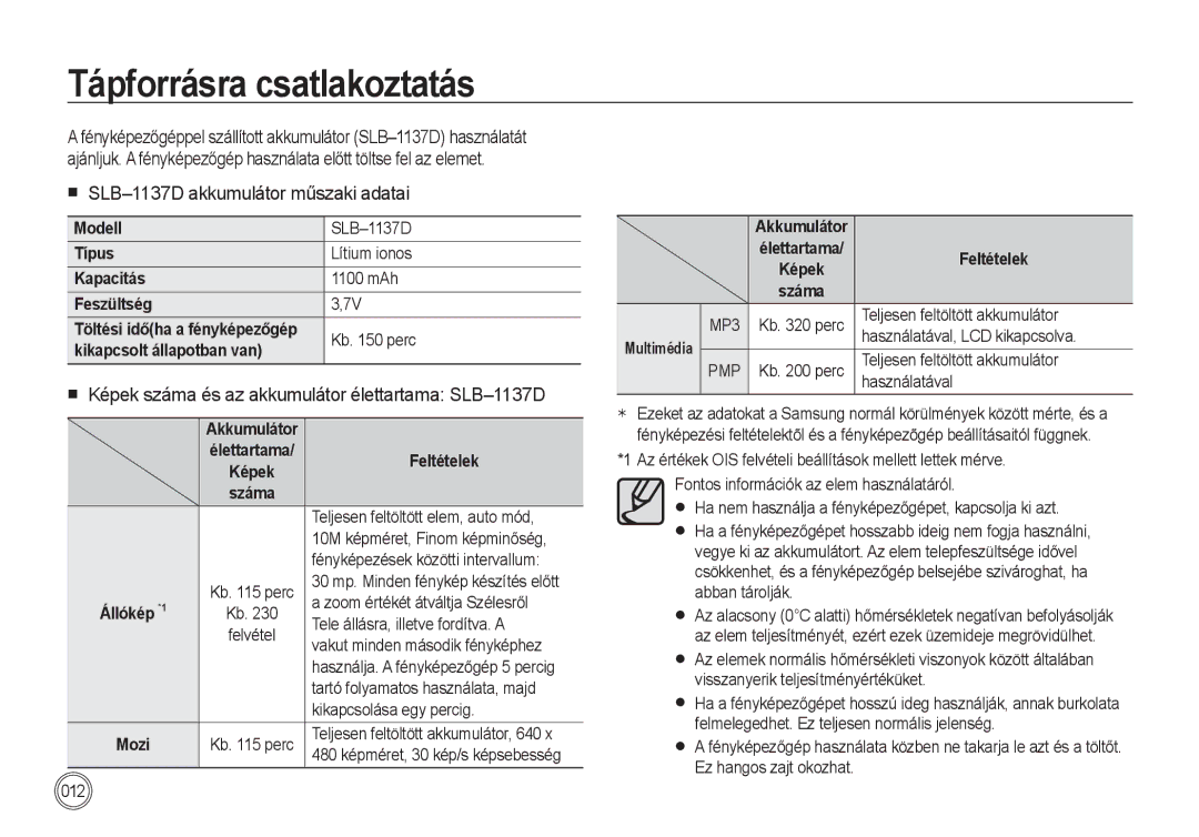 Samsung EC-I100ZGBA/FR, EC-I100ZGBA/E3, EC-I100ZSBA/FR Tápforrásra csatlakoztatás, SLB-1137D akkumulátor műszaki adatai 