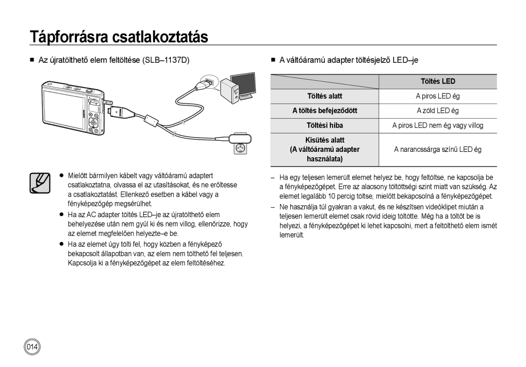 Samsung EC-I100ZRBA/E3 manual Az újratölthető elem feltöltése SLB-1137D, Váltóáramú adapter töltésjelző LED-je, Töltés LED 