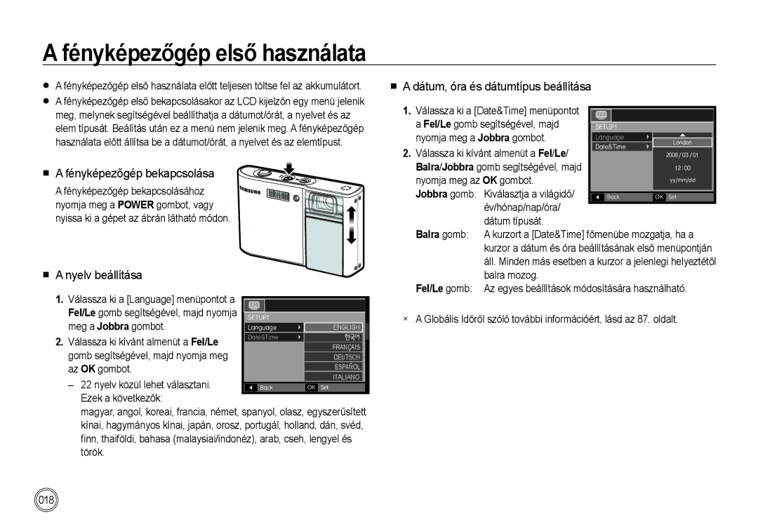 Samsung EC-I100ZSBA/IT, EC-I100ZGBA/E3 manual Fényképezőgép első használata, Fényképezőgép bekapcsolása, Nyelv beállítása 