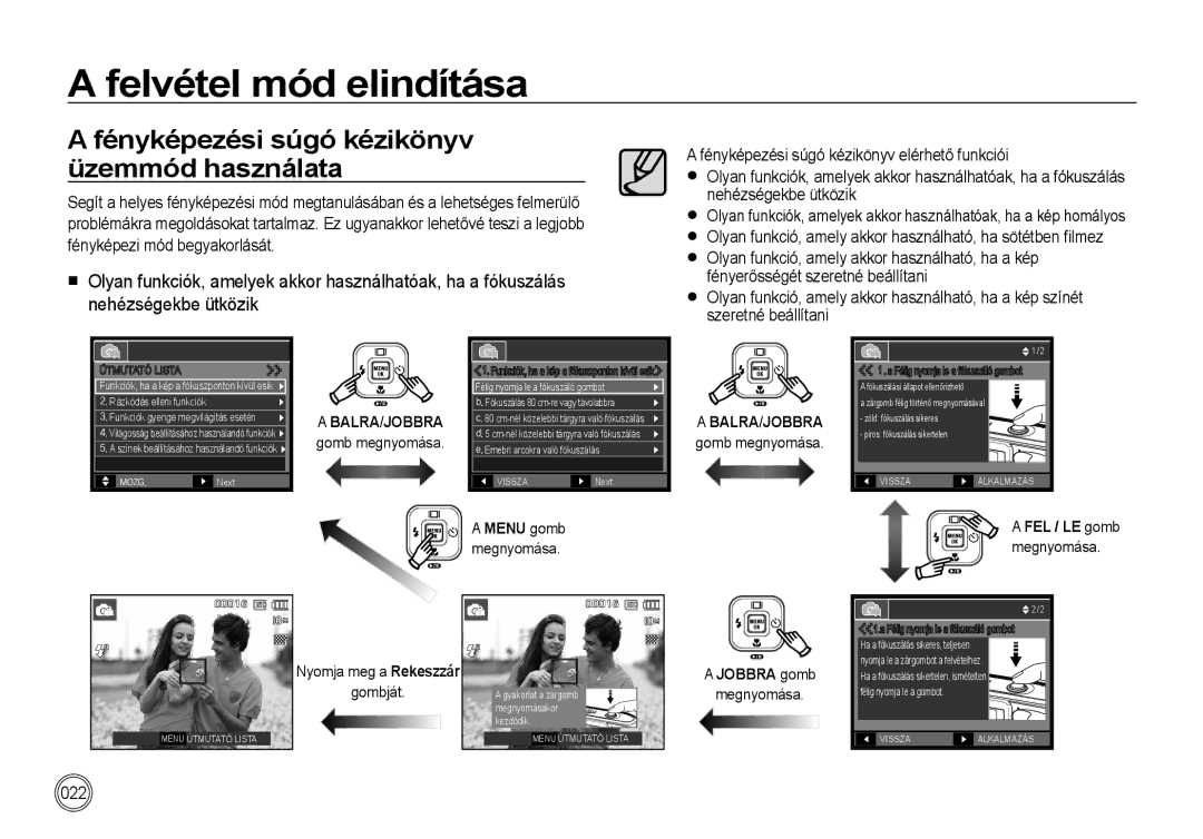 Samsung EC-I100ZSBA/FR, EC-I100ZGBA/E3 Fényképezési súgó kézikönyv üzemmód használata, Gombját, Jobbra gomb, Megnyomása 