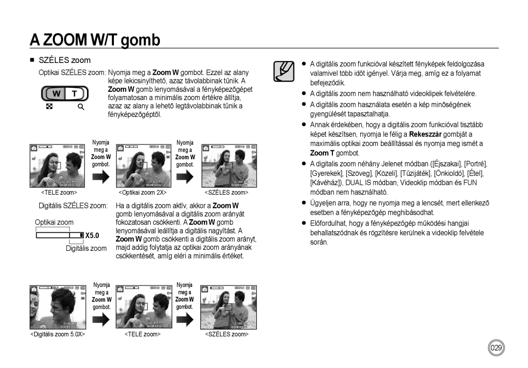 Samsung EC-I100ZSBA/IT, EC-I100ZGBA/E3, EC-I100ZSBA/FR manual Zoom W/T gomb, Széles zoom, Optikai zoom, X5.0, Digitális zoom 