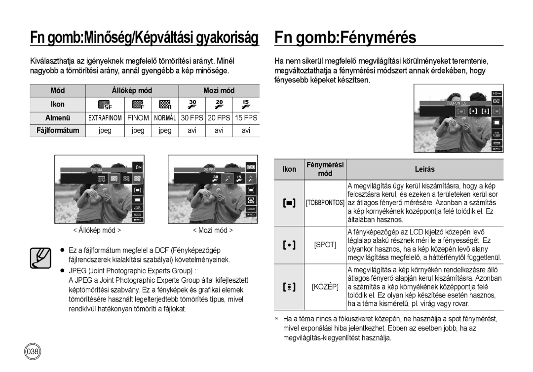 Samsung EC-I100ZBBA/E3, EC-I100ZGBA/E3, EC-I100ZSBA/FR, EC-I100ZGBA/FR Fn gombMinőség/Képváltási gyakoriság Fn gombFénymérés 