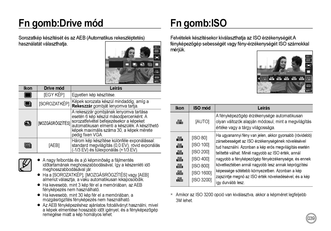 Samsung EC-I100ZRBA/FR Fn gombDrive mód Fn gombISO, Sorozatkép készítését és az AEB Automatikus rekeszléptetés, Mérjük 