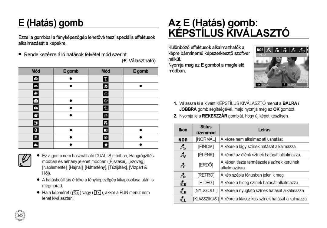 Samsung EC-I100ZABA/E3, EC-I100ZGBA/E3, EC-I100ZSBA/FR, EC-I100ZGBA/FR, EC-I100ZSBA/E3 manual Az E Hatás gomb, Mód Gomb 