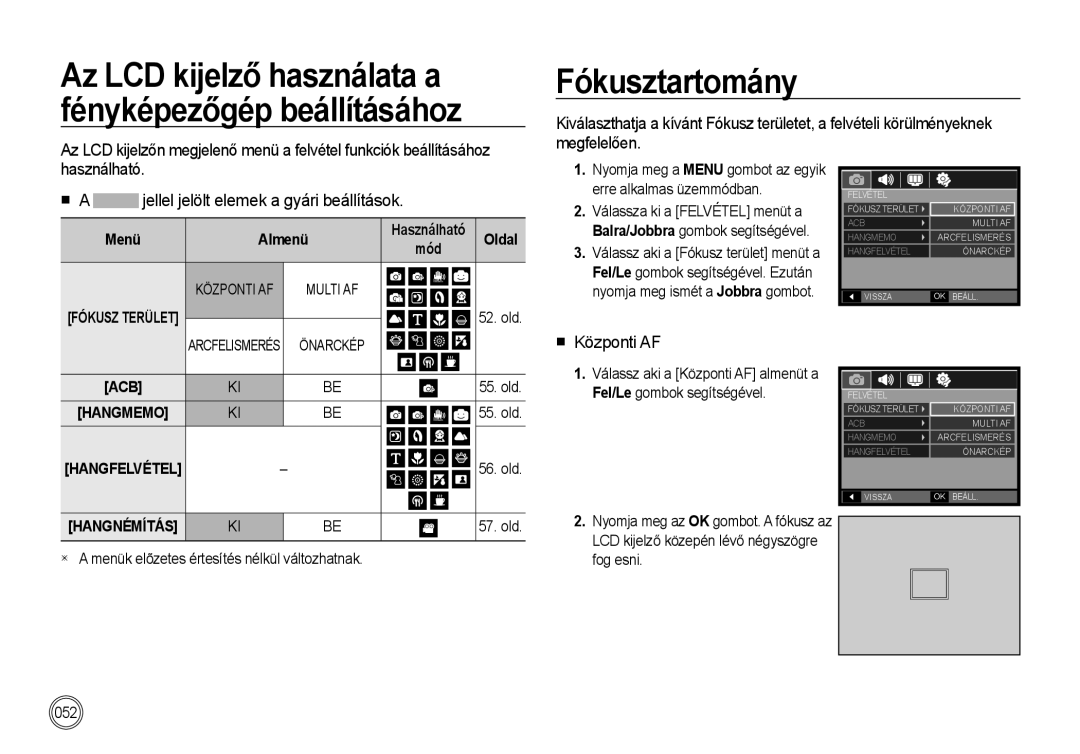 Samsung EC-I100ZSBA/E1 Fókusztartomány, Megfelelően Használható, Jellel jelölt elemek a gyári beállítások, Központi AF 