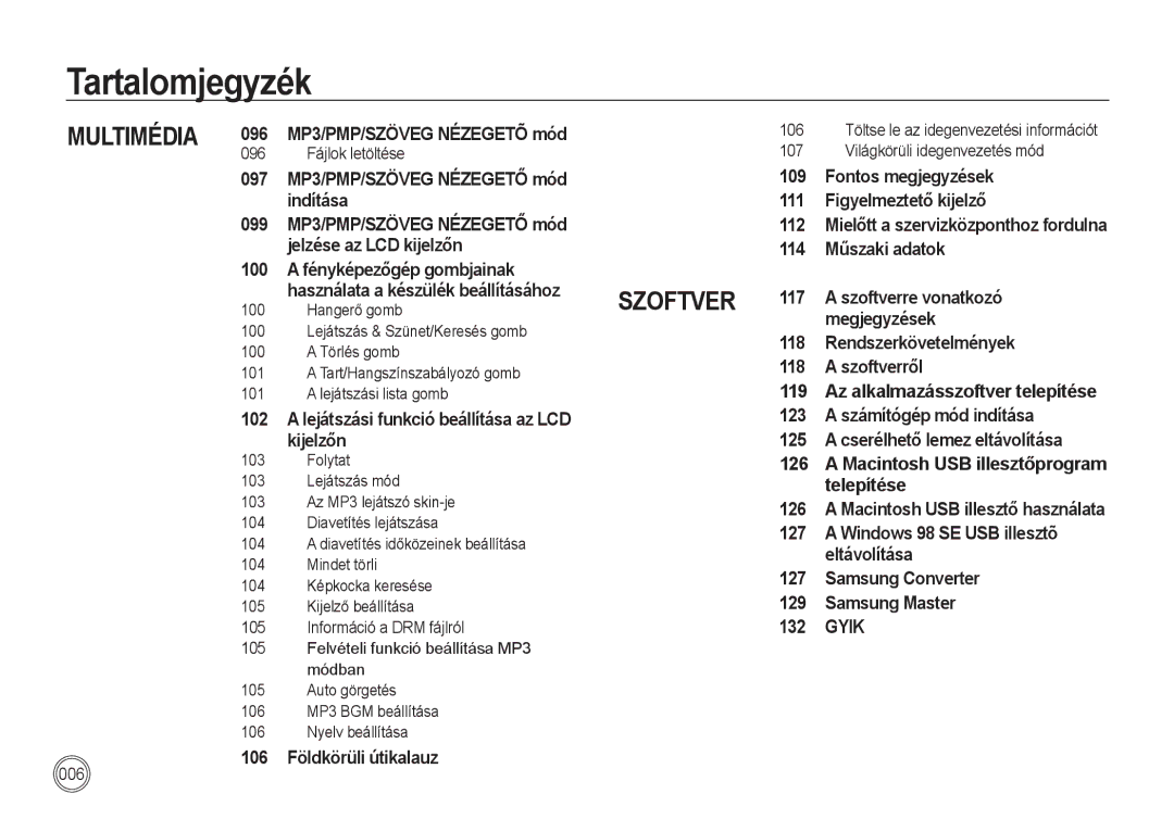 Samsung EC-I100ZRBA/FR 106, 107 Világkörüli idegenvezetés mód 096 Fájlok letöltése, 100 Törlés gomb, Folytat, Mindet törli 