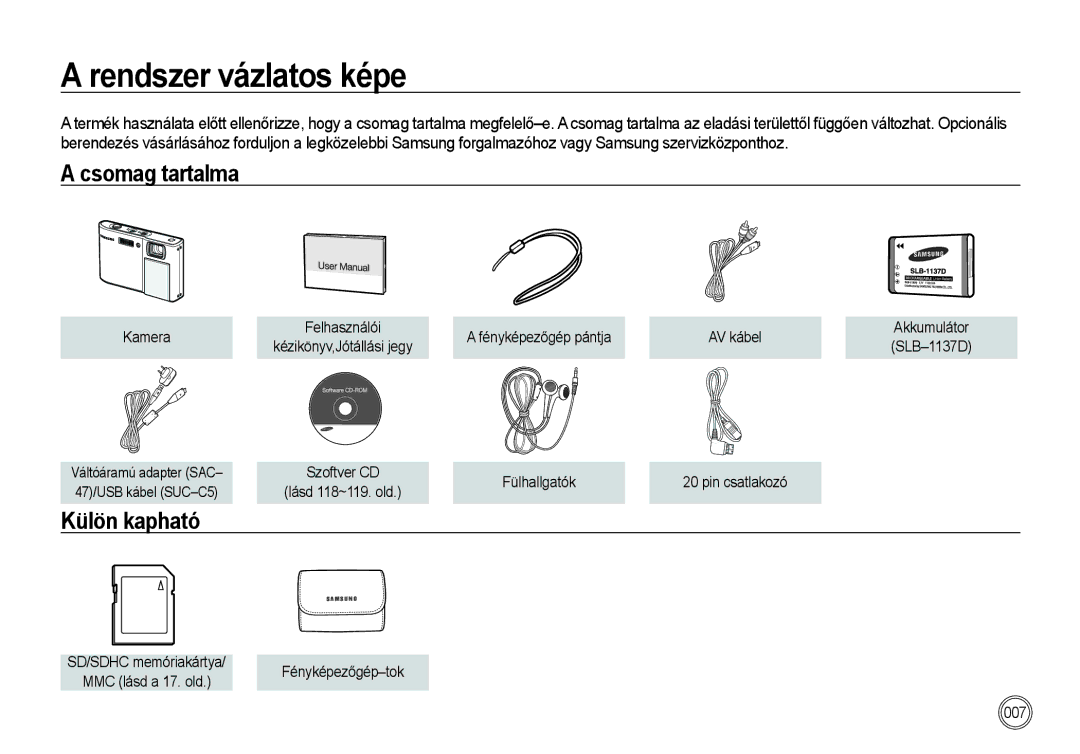 Samsung EC-I100ZSBA/IT, EC-I100ZGBA/E3 manual Rendszer vázlatos képe, Csomag tartalma, Külön kapható, Fényképezőgép-tok 