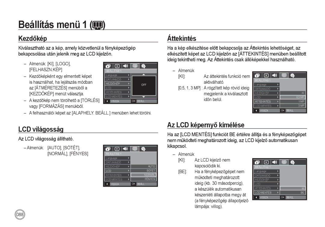 Samsung EC-I100ZSBA/FR, EC-I100ZGBA/E3, EC-I100ZGBA/FR manual Kezdőkép, Áttekintés, LCD világosság, Az LCD képernyő kímélése 