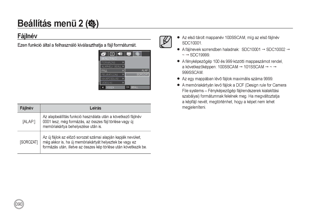 Samsung EC-I100ZSBA/E3, EC-I100ZGBA/E3 manual Fájlnév Leírás, Lesz, még formázás, az összes fájl törlése vagy új 