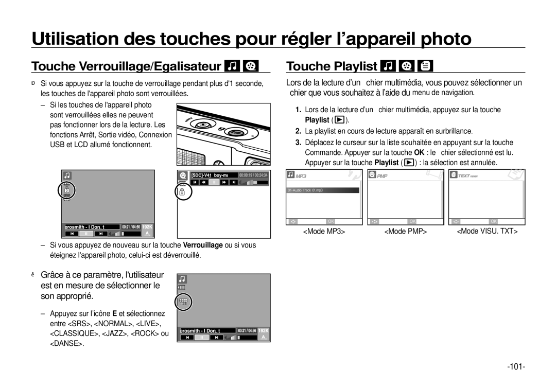 Samsung EC-I100ZBBA/E3 manual Touche Verrouillage/Egalisateur, Touche Playlist, 101, CLASSIQUE, JAZZ, Rock ou Danse 