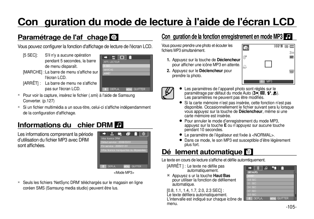 Samsung EC-I100ZGBA/FR, EC-I100ZGBA/E3 Conﬁguration du mode de lecture à laide de lécran LCD, Paramétrage de lafﬁchage 