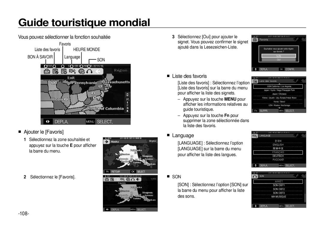 Samsung EC-I100ZBBA/FR Vous pouvez sélectionner la fonction souhaitée, Ajouter le Favoris, Liste des favoris, Language 