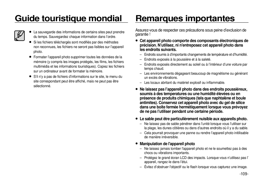 Samsung EC-I100ZBBA/E3, EC-I100ZGBA/E3, EC-I100ZSBA/FR, EC-I100ZGBA/FR, EC-I100ZSBA/E3 manual Remarques importantes, 109 