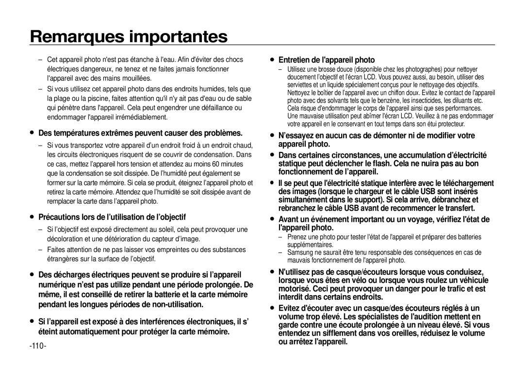 Samsung EC-I100ZRBA/FR, EC-I100ZGBA/E3, EC-I100ZSBA/FR manual 110, Des températures extrêmes peuvent causer des problèmes 