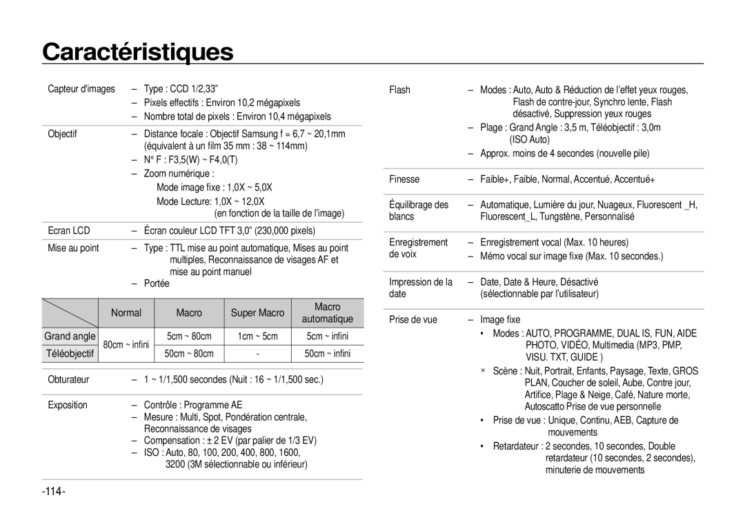 Samsung EC-I100ZSBA/E3, EC-I100ZGBA/E3, EC-I100ZSBA/FR, EC-I100ZGBA/FR manual Caractéristiques, 114, VISU. TXT, Guide 