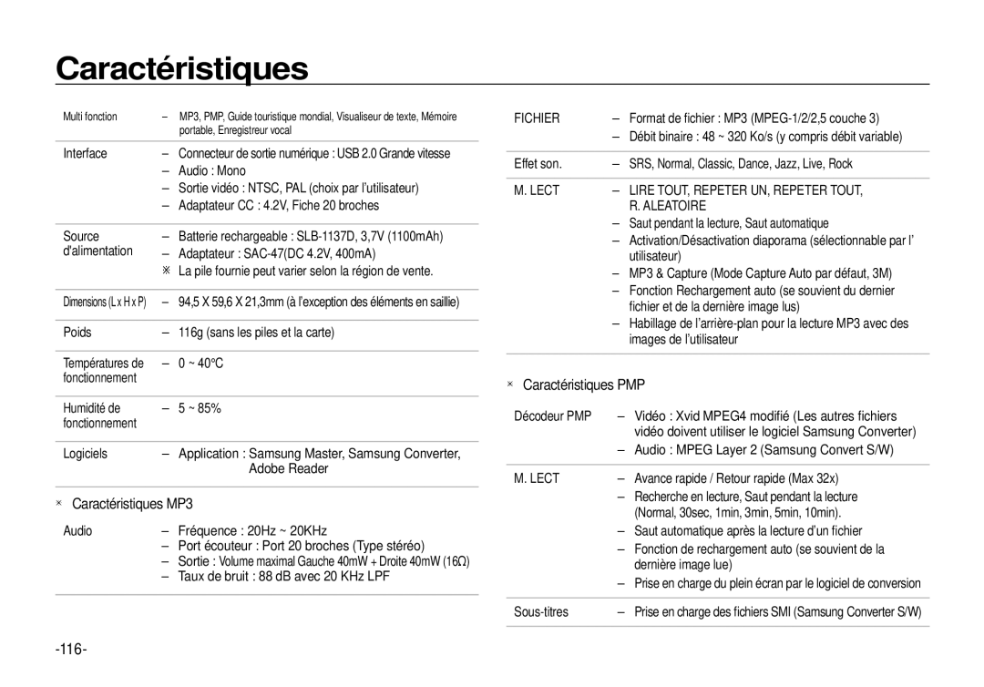 Samsung EC-I100ZBBA/FR, EC-I100ZGBA/E3, EC-I100ZSBA/FR 116, Fichier, Lect Lire TOUT, Repeter UN, Repeter Tout Aleatoire 