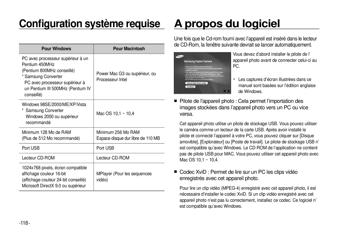 Samsung EC-I100ZRBA/FR, EC-I100ZGBA/E3 manual Propos du logiciel, 118, Pour Windows Pour Macintosh, Port USB Lecteur CD-ROM 