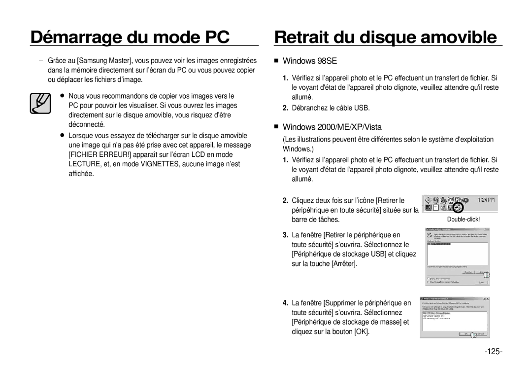 Samsung EC-I100ZBBA/E3 manual Retrait du disque amovible, Windows 98SE, Windows 2000/ME/XP/Vista, 125, Barre de tâches 