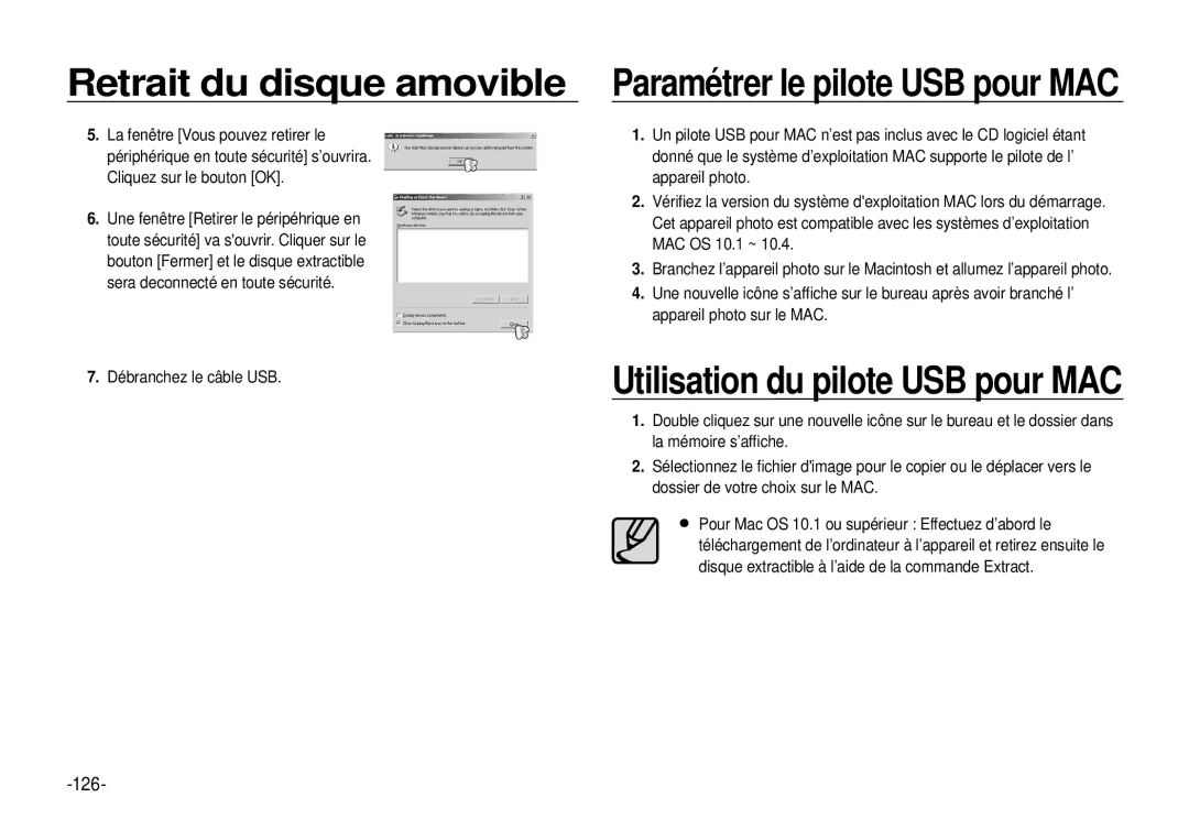 Samsung EC-I100ZRBA/FR, EC-I100ZGBA/E3, EC-I100ZSBA/FR, EC-I100ZGBA/FR, EC-I100ZSBA/E3 Paramétrer le pilote USB pour MAC, 126 