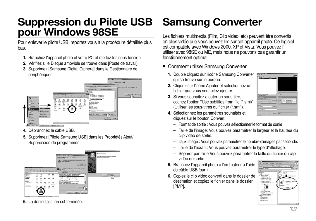 Samsung EC-I100ZGBA/E3 manual Suppression du Pilote USB pour Windows 98SE, Comment utiliser Samsung Converter, 127 