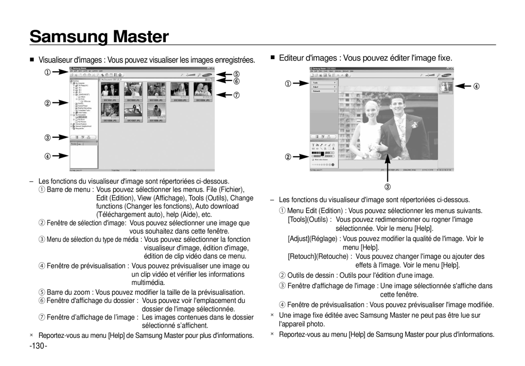 Samsung EC-I100ZSBA/E3 manual Editeur dimages Vous pouvez éditer limage ﬁxe, 130, Téléchargement auto, help Aide, etc 