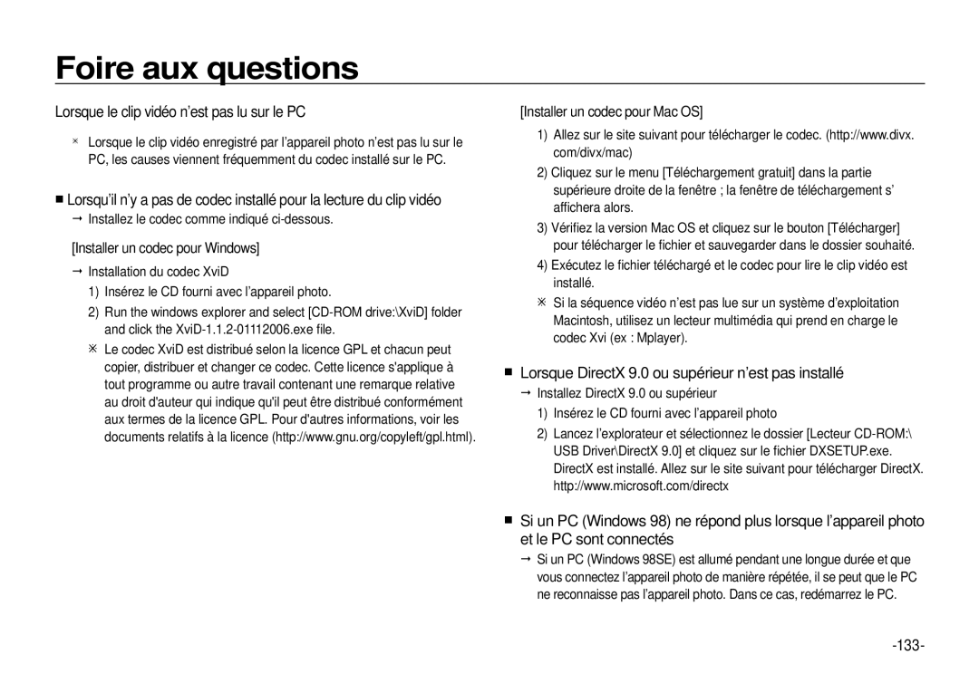 Samsung EC-I100ZBBA/E3 Lorsque le clip vidéo n’est pas lu sur le PC, Lorsque DirectX 9.0 ou supérieur n’est pas installé 