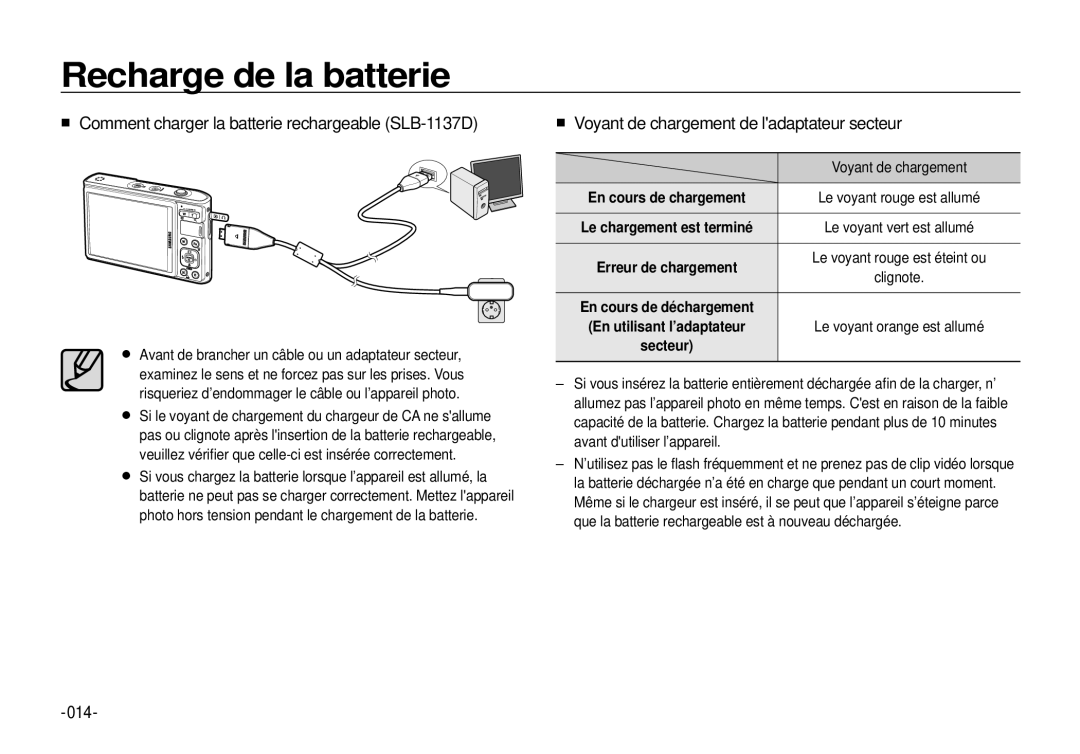 Samsung EC-I100ZRBA/FR Comment charger la batterie rechargeable SLB-1137D, Voyant de chargement de ladaptateur secteur 