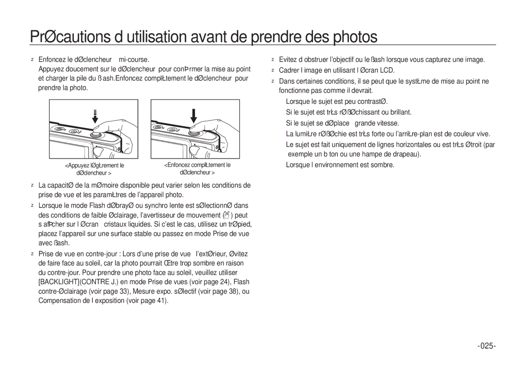 Samsung EC-I100ZGBA/FR, EC-I100ZGBA/E3, EC-I100ZSBA/FR manual Précautions d’utilisation avant de prendre des photos, 025 