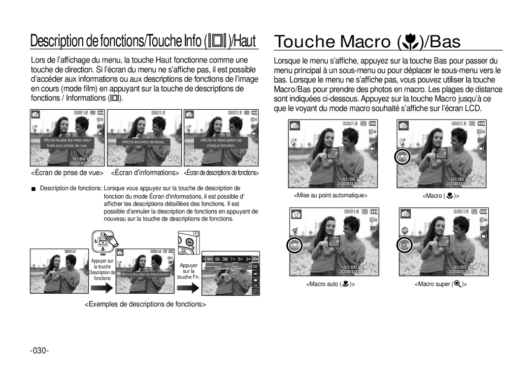 Samsung EC-I100ZRBA/FR, EC-I100ZGBA/E3, EC-I100ZSBA/FR manual Touche Macro /Bas, 030, Exemples de descriptions de fonctions 