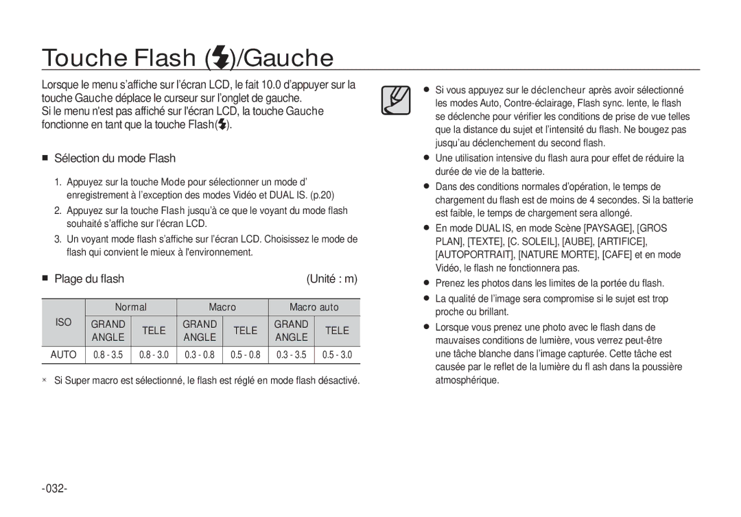 Samsung EC-I100ZSBA/FR, EC-I100ZGBA/E3 manual Touche Flash /Gauche, Sélection du mode Flash, 032, Normal Macro Macro auto 