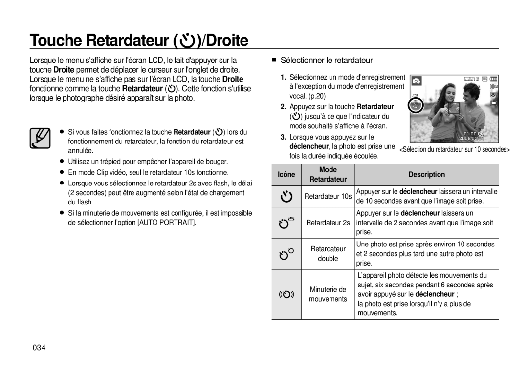 Samsung EC-I100ZSBA/E3, EC-I100ZGBA/E3, EC-I100ZSBA/FR Touche Retardateur /Droite, Sélectionner le retardateur, 034, Icône 