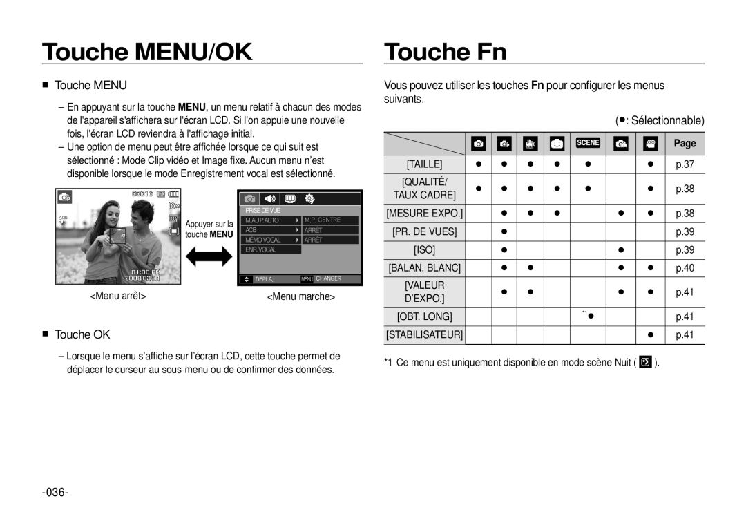 Samsung EC-I100ZBBA/FR, EC-I100ZGBA/E3, EC-I100ZSBA/FR manual Touche MENU/OK, Touche Fn, Touche Menu, Touche OK, 036 