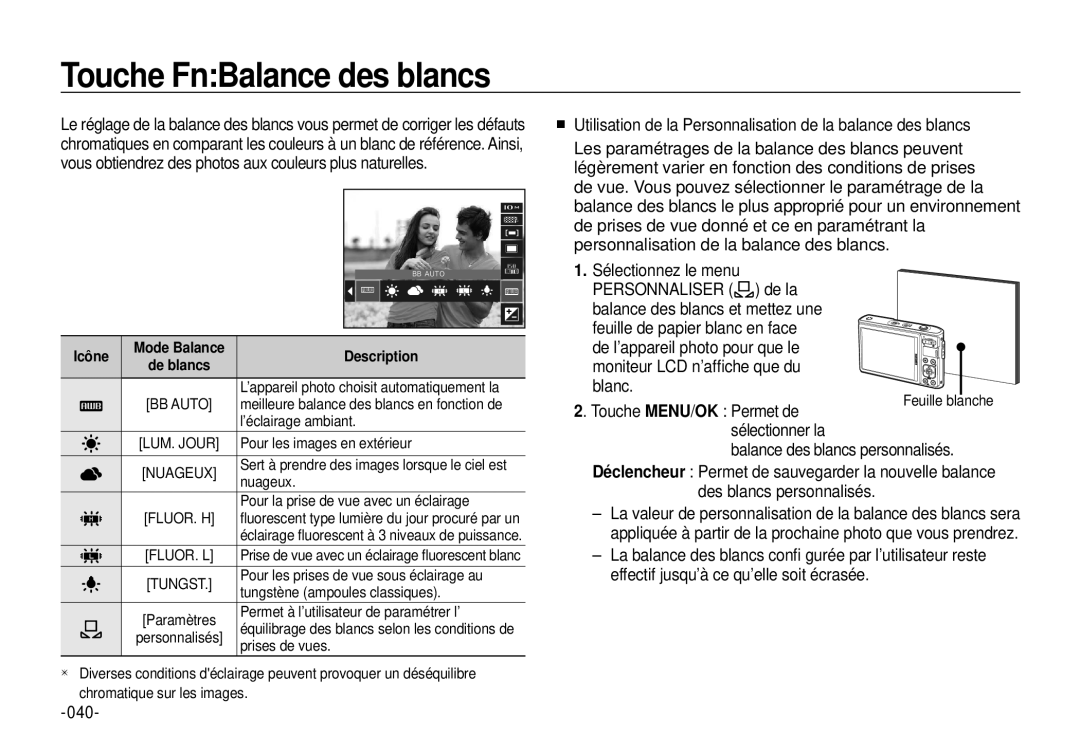 Samsung EC-I100ZSBA/FR, EC-I100ZGBA/E3 manual Touche FnBalance des blancs, Touche MENU/OK Permet de, Sélectionner la 