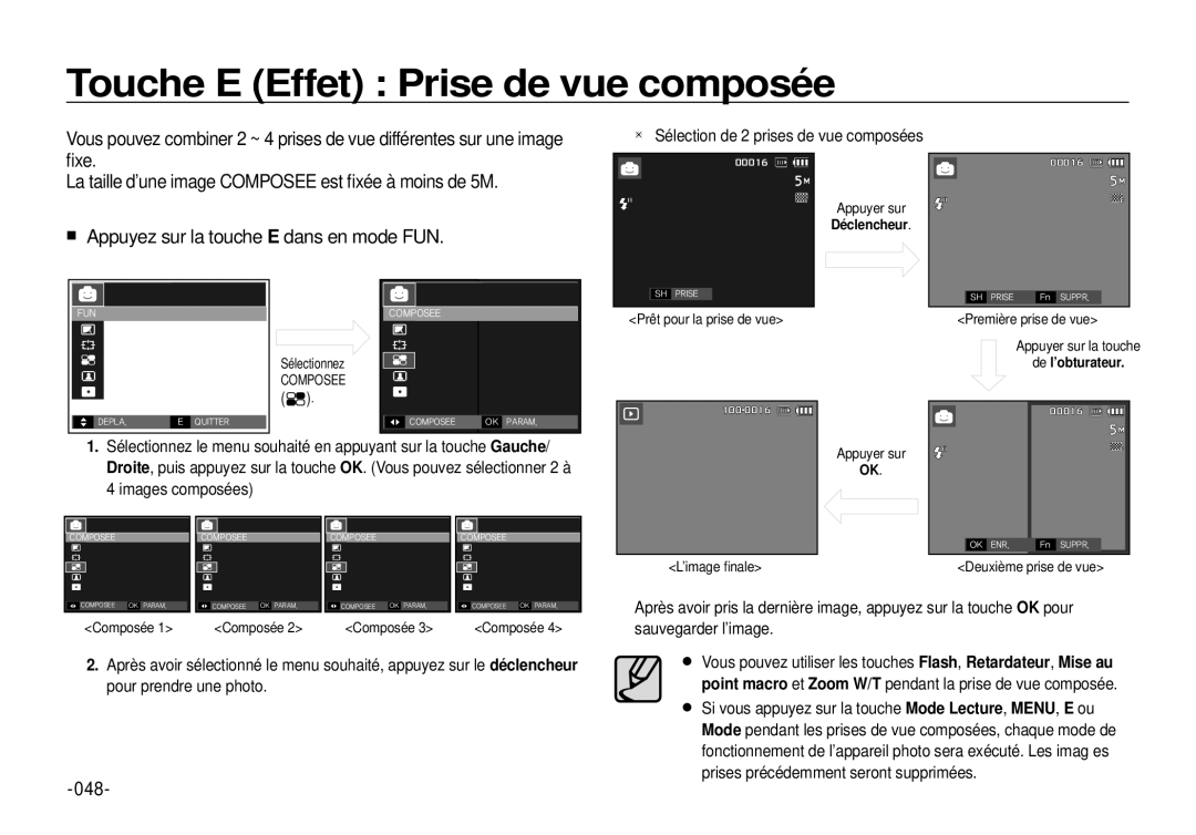 Samsung EC-I100ZSBA/FR Touche E Effet Prise de vue composée, 048, Sélection de 2 prises de vue composées, Déclencheur 