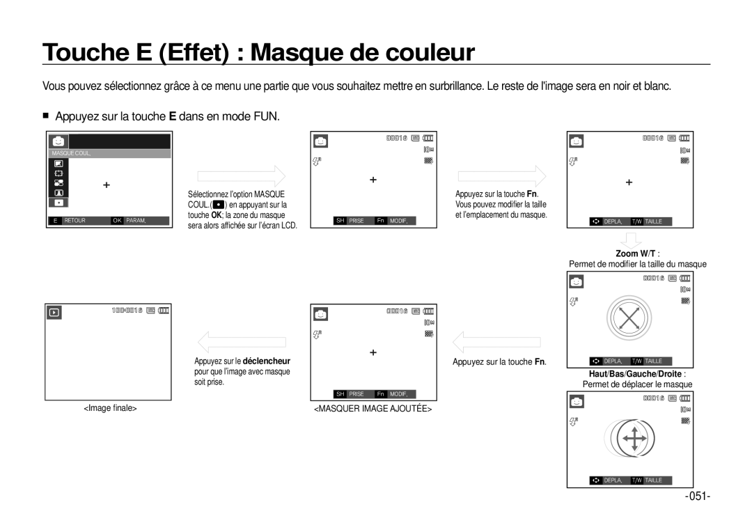 Samsung EC-I100ZRBA/E3, EC-I100ZGBA/E3 manual Touche E Effet Masque de couleur, 051, Zoom W/T, Haut/Bas/Gauche/Droite 