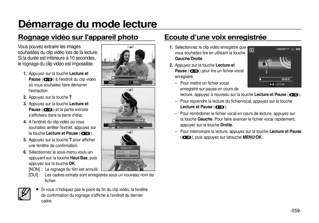 Samsung EC-I100ZRBA/E3 Rognage vidéo sur lappareil photo, Ecoute d’une voix enregistrée, 059, La touche Lecture et Pause 