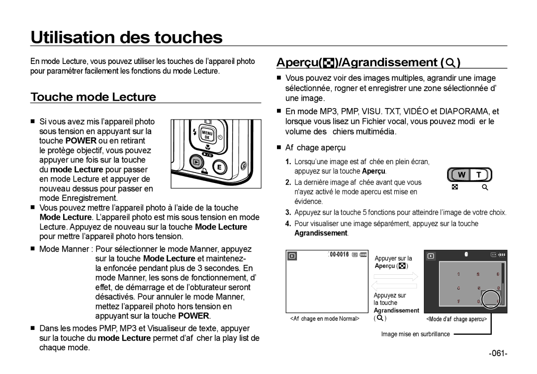 Samsung EC-I100ZBBA/E3, EC-I100ZGBA/E3 manual Utilisation des touches, Touche mode Lecture, Aperçu /Agrandissement, 061 